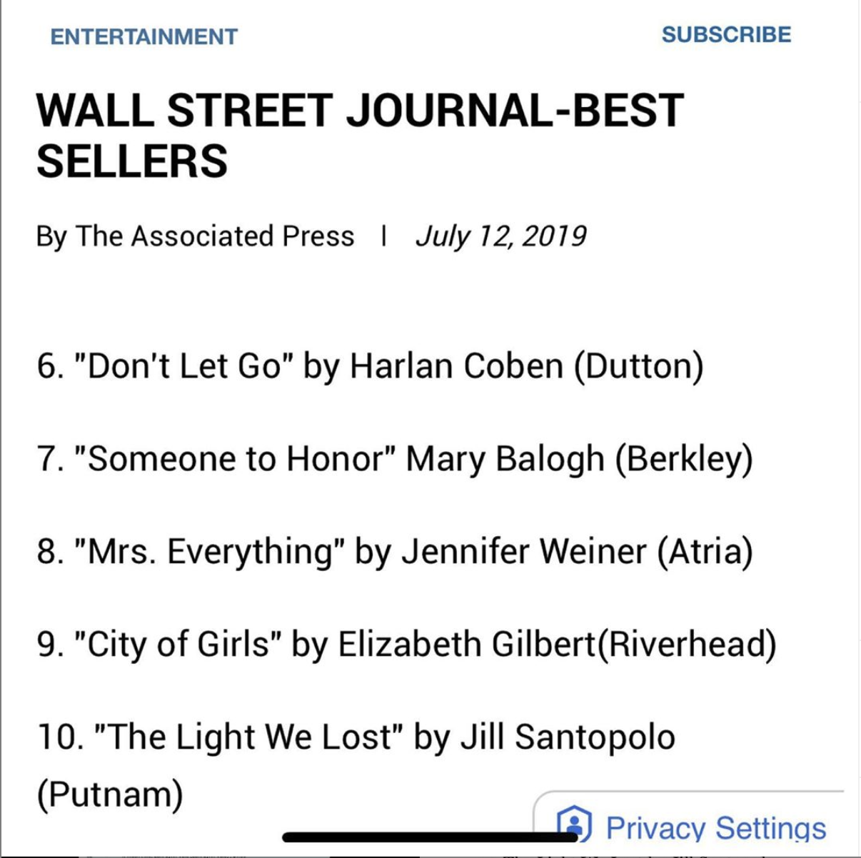 Wall Street Journal Best Sellers List